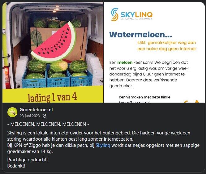 Een meloen keer sorry na een storing – Groentebroer.nl op Facebook