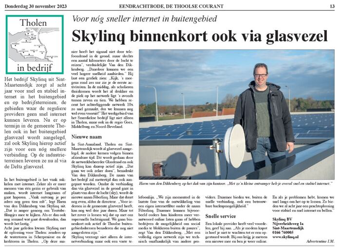 Skylinq binnenkort ook via glasvezel – Eendrachtbode, de Thoolse Courant