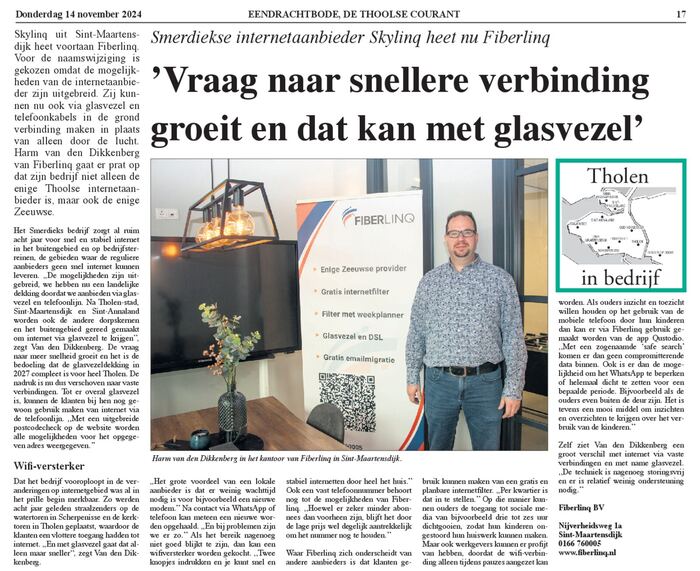 'Vraag naar snellere verbinding groeit en dat kan met glasvezel' – Eendrachtbode, de Thoolse Courant
